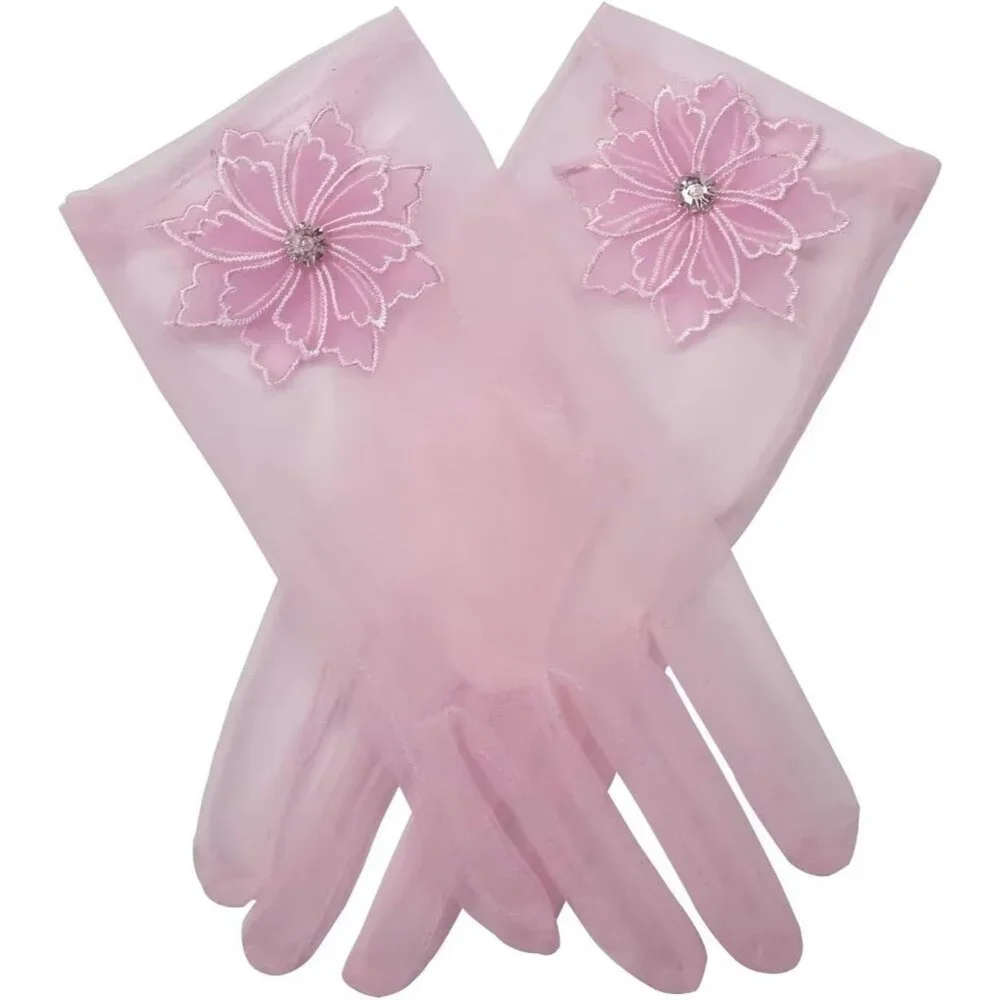 Women's Floral Light Pink Diamond Flower Gloves Tulle Tea Opera Party Elegant